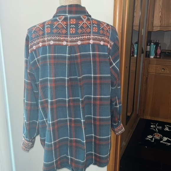 🤎 M Embroidered Flannel Tunic Longline Pockets Rodeo Boho Festival Art To Wear - Picture 6 of 12